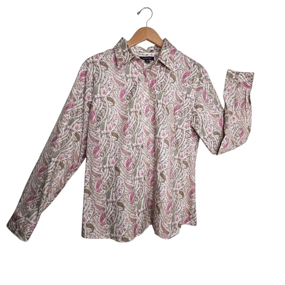 Lands End Womens Pink Cotton Paisley No Iron Pinpiont Oxford Shirt SZ 16 Classic